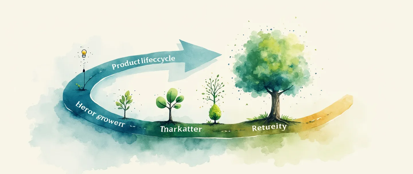 Uma pintura digital em aquarela de um diagrama de seta circular mostrando o ciclo de vida de um produto, com uma pequena muda crescendo até se tornar uma árvore vibrante e depois murchando. Quatro fases distintas são marcadas com ícones simples: uma lâmpada (introdução), um foguete (crescimento), um troféu (maturidade) e um gráfico descendente (declínio). Composição limpa com tons suaves de azul e verde.