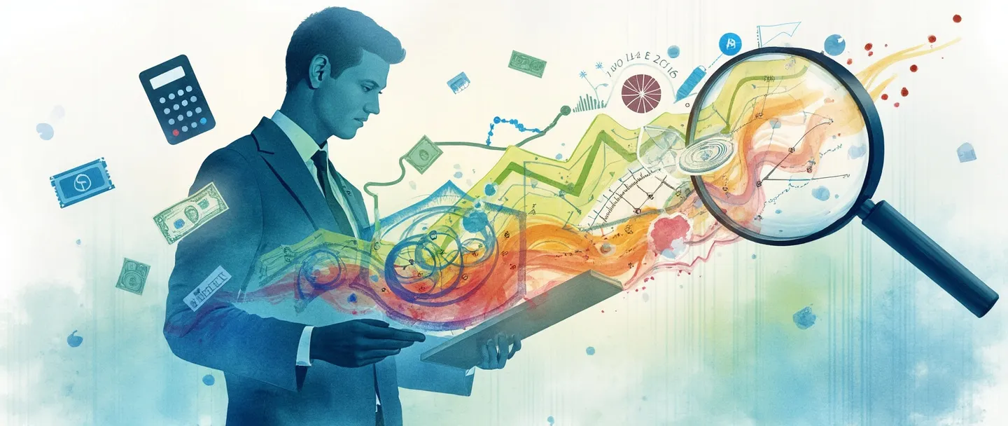 Uma pintura digital em aquarela de um profissional segurando um relatório financeiro com gráficos coloridos fluindo para fora dele. Símbolos de dinheiro e elementos de calculadora flutuam nas proximidades, enquanto uma lupa paira sobre dados financeiros importantes. Composição simples com tons vibrantes de azul e verde, transmitindo gestão financeira e análise.