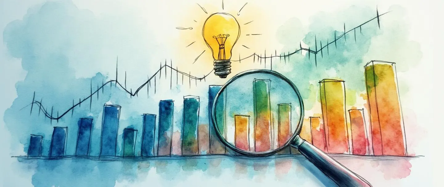 Uma pintura digital em aquarela de um painel de controle com gráficos de barras coloridos e métricas se tornando cada vez mais visíveis, com uma lupa pairando sobre indicadores-chave de desempenho. Uma lâmpada brilha acima, iluminando a visualização de dados. Composição simples com tons vibrantes de azul e verde, profissional mas acessível.