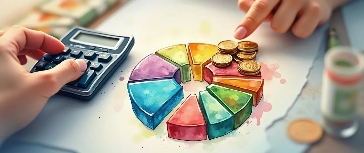 Uma pintura digital em aquarela de um gráfico de pizza orçamentário com dinheiro e moedas organizados em segmentos coloridos. Uma mão com uma calculadora está ajustando um dos segmentos, mostrando a alocação do orçamento. Composição simples com cores suaves, transmitindo planejamento financeiro e gestão de recursos.