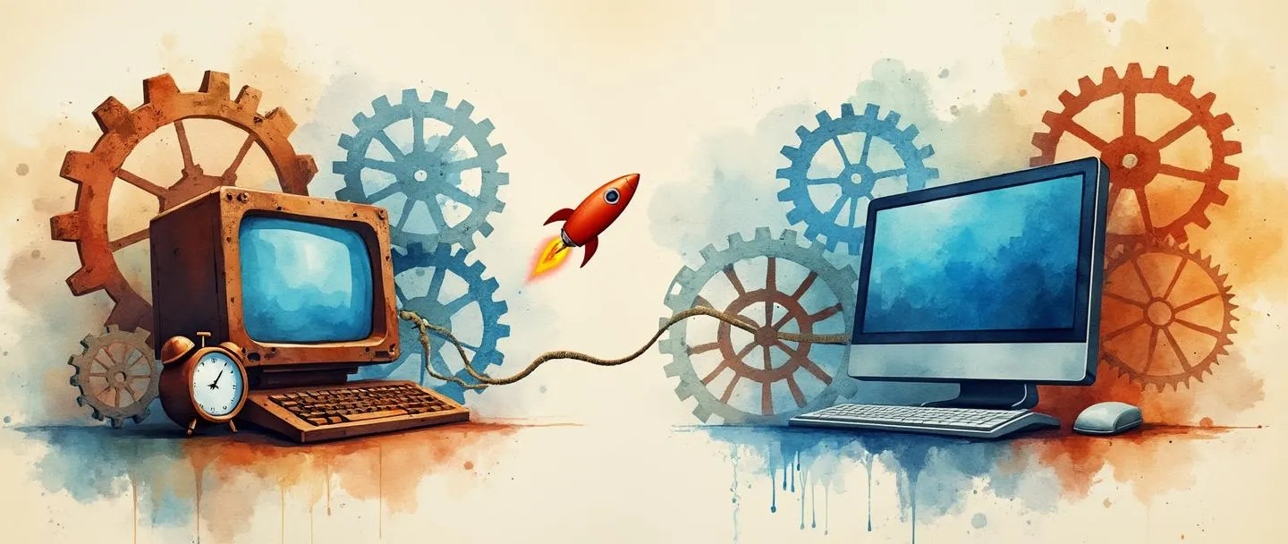 Uma pintura digital em aquarela de engrenagens se transformando de marrom enferrujado para azul brilhante, com um caminho de seta fluido conectando um computador antigo a um dispositivo moderno elegante. Um pequeno relógio e foguete sugerem velocidade e eficiência. Composição simples com azuis e laranjas vibrantes, elementos mínimos, design limpo.