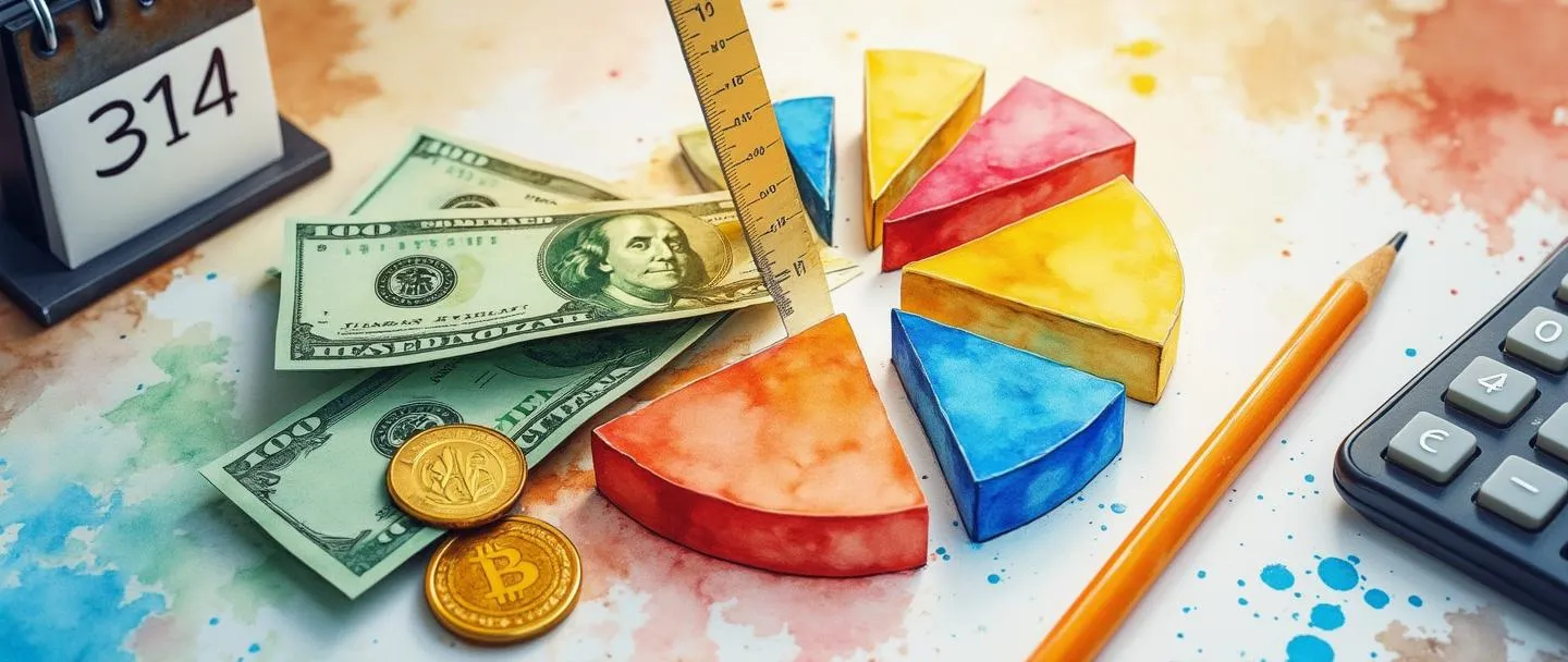 Uma pintura digital em aquarela de um gráfico de pizza sendo dividido em seções coloridas por uma régua e um lápis. Dinheiro e moedas estão fluindo para diferentes segmentos do gráfico. Um pequeno calendário e uma calculadora estão próximos. Composição simples com cores vibrantes representando alocação de orçamento.