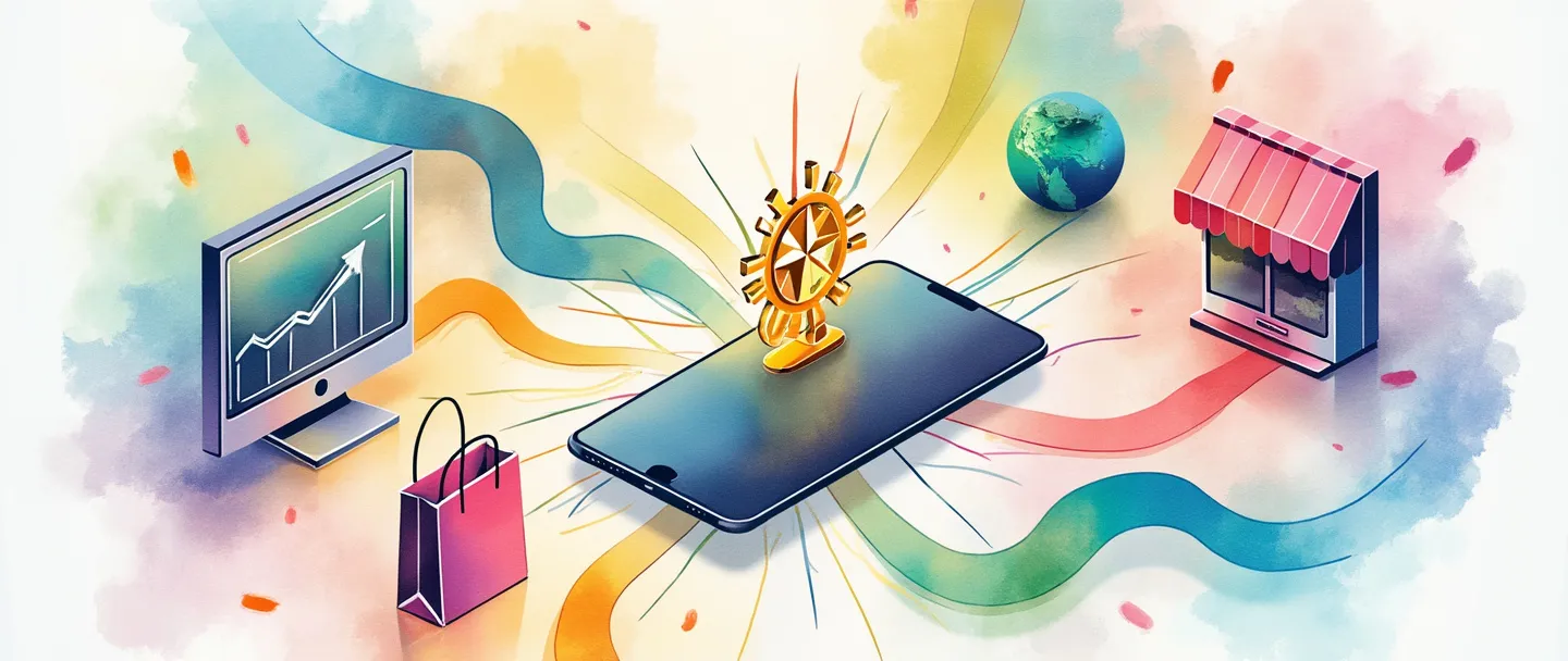 Uma pintura digital em aquarela de um smartphone no centro conectado por fitas coloridas fluidas a um computador, uma sacola de compras e uma fachada de loja. Uma rosa dos ventos sobrepõe sutilmente a composição, simbolizando direção estratégica. Composição simples com cores vibrantes transmitindo uma estratégia de marketing multicanal integrada.