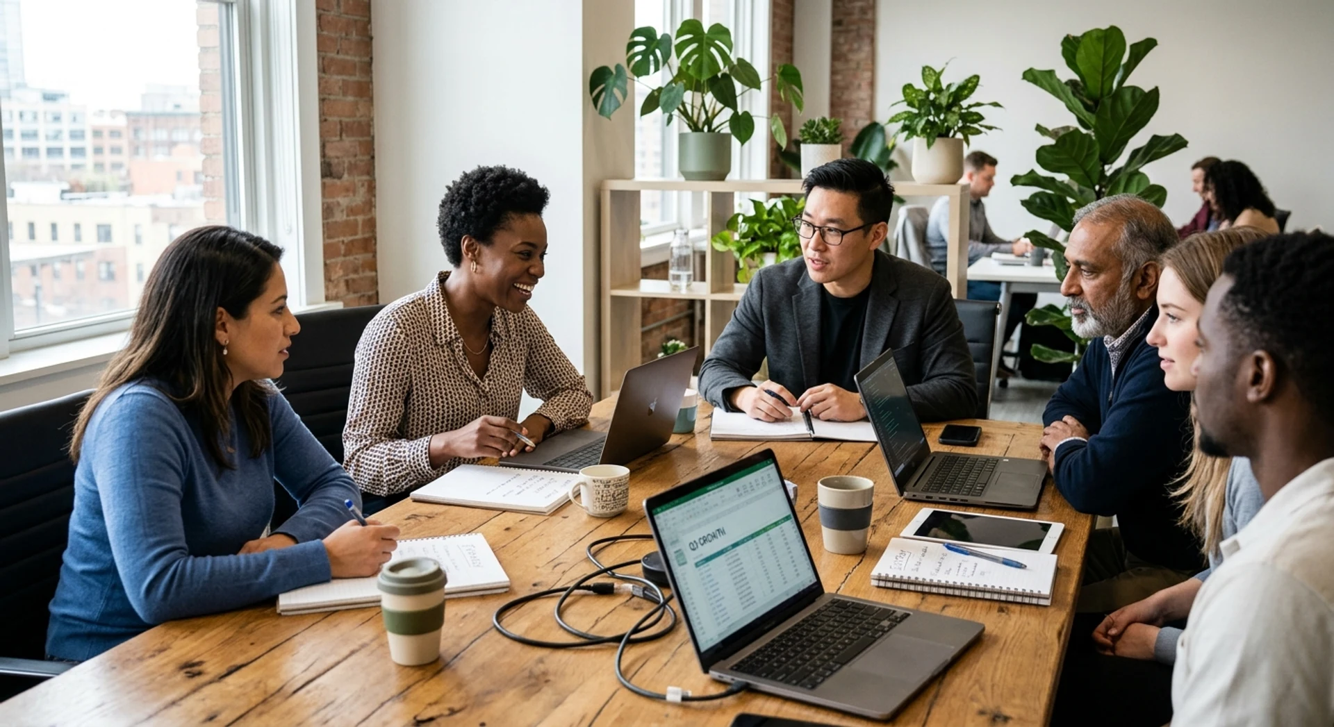 Equipe de negócios diversificada colaborando em mesa de conferência com laptops e plantas, em escritório moderno iluminado naturalmente. Fotografia editorial ultra-realista em alta resolução capturando momento autêntico de trabalho em equipe.