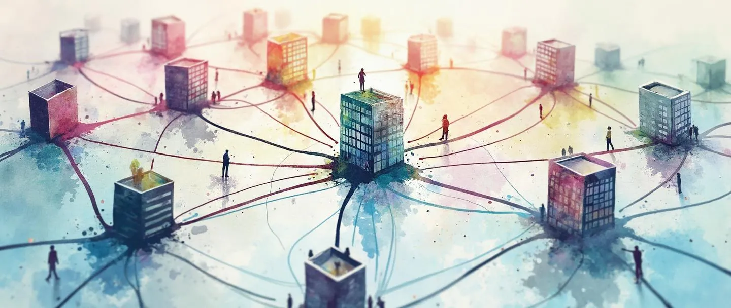 Uma pintura digital em aquarela de um diagrama de rede com nós se espalhando para fora a partir de um ponto central, conectados por linhas fluidas e coloridas. Pequenos edifícios de escritórios estão posicionados em diferentes nós, com figuras minúsculas trabalhando independentemente. Um gráfico hierárquico quebrado aparece desbotado no fundo. Composição simples, cores vibrantes, tema de liberdade organizacional.