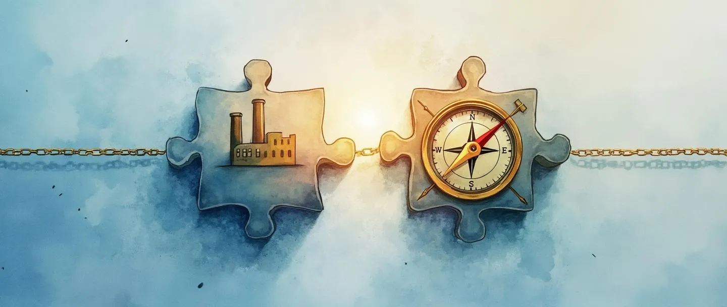 Uma pintura digital em aquarela de duas peças de quebra-cabeça se conectando, uma em forma de fábrica e outra em forma de bússola. Uma fina corrente dourada as liga contra um fundo de gradiente azul simples. A conexão cria um brilho suave, sugerindo interdependência estratégica. Composição limpa com elementos mínimos.