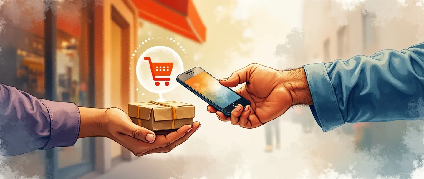 Uma pintura digital em aquarela de uma pessoa entregando um produto para outra pessoa, com uma fachada de loja ao fundo. Um smartphone com ícone de carrinho de compras conecta as duas pessoas. Composição simples com cores quentes, mostrando uma relação direta entre empresa e consumidor. Estilo vibrante, porém minimalista.
