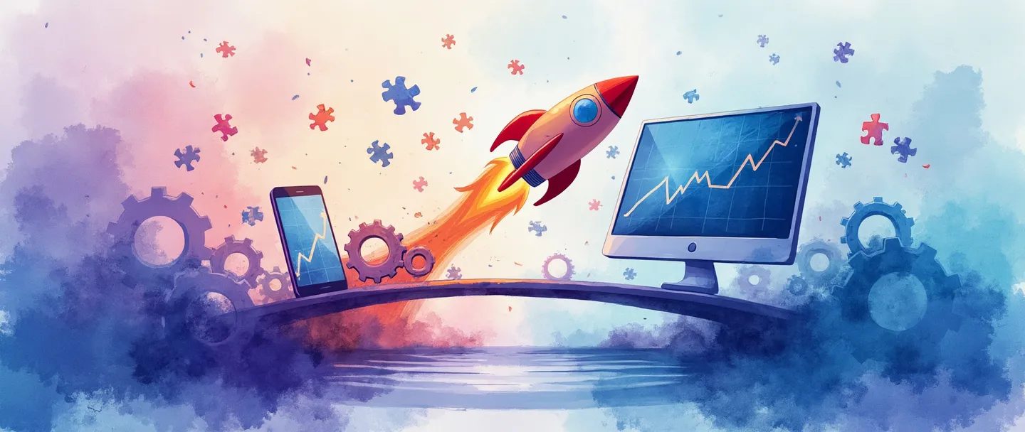 Uma pintura digital em aquarela de um computador se transformando em um foguete, com engrenagens e peças de quebra-cabeça flutuando ao redor. Uma ponte conecta o computador a um smartphone exibindo um gráfico ascendente. Composição simples com vibrantes tons de azul e roxo, representando o planejamento de transformação digital.