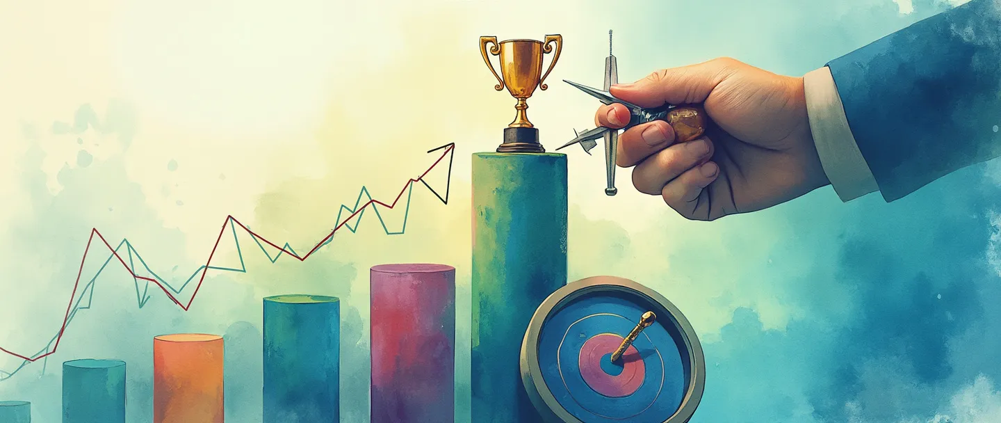 Uma pintura digital em aquarela de uma mão segurando uma bússola guiando gráficos de barras e linhas com tendência ascendente. Um pequeno troféu dourado está no ponto mais alto, com um alvo próximo mostrando um tiro certeiro. Composição simples com azuis e verdes vibrantes, transmitindo liderança e conquista bem-sucedida de métricas.
