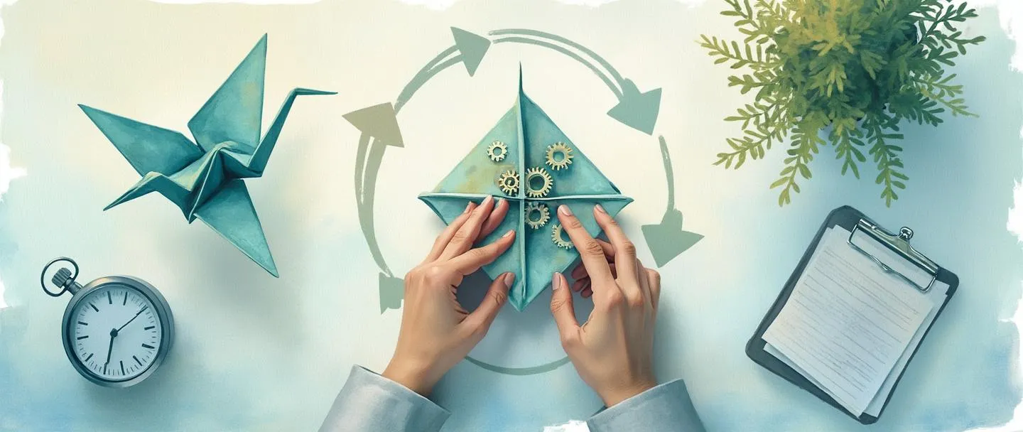 Uma pintura digital em aquarela de mãos dobrando um tsuru de origami, com pequenas engrenagens visíveis dentro do papel. Um ciclo de melhoria contínua mostrado como uma seta circular envolve a cena. Um cronômetro simples e uma prancheta repousam nas proximidades. Estilo limpo e minimalista com tons suaves de azul e verde. Elegante, metódico e proposital.