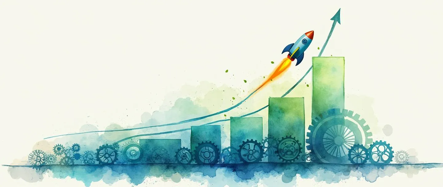 Uma pintura digital em aquarela de um pequeno foguete crescendo gradualmente enquanto sobe ao lado de um gráfico de crescimento exponencial. Abaixo, pequenas engrenagens se transformam em sistemas interconectados maiores. Composição simples com vibrantes tons de azul e verde, transmitindo o conceito de crescimento escalável de negócios através de elementos mínimos.