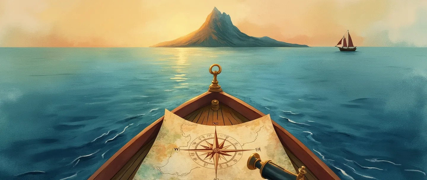 Uma pintura digital em aquarela de uma rosa dos ventos guiando um pequeno barco através de um vasto oceano em direção a um distante pico de montanha. Um mapa com um caminho claro está aberto no barco, com um telescópio apontando para o alvo no horizonte. Composição simples, conceito de direção estratégica, cores quentes.