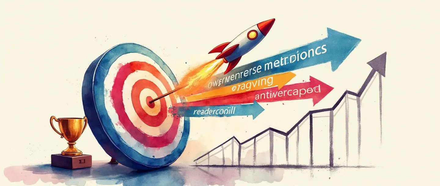 Uma pintura digital em aquarela de um alvo com objetivos coloridos escritos em flechas atingindo o centro. Um pequeno foguete lança-se para cima ao lado de um gráfico ascendente simples. Uma chave destrava um troféu próximo. Composição limpa e minimalista com cores vibrantes transmitindo realização e progresso estratégico.