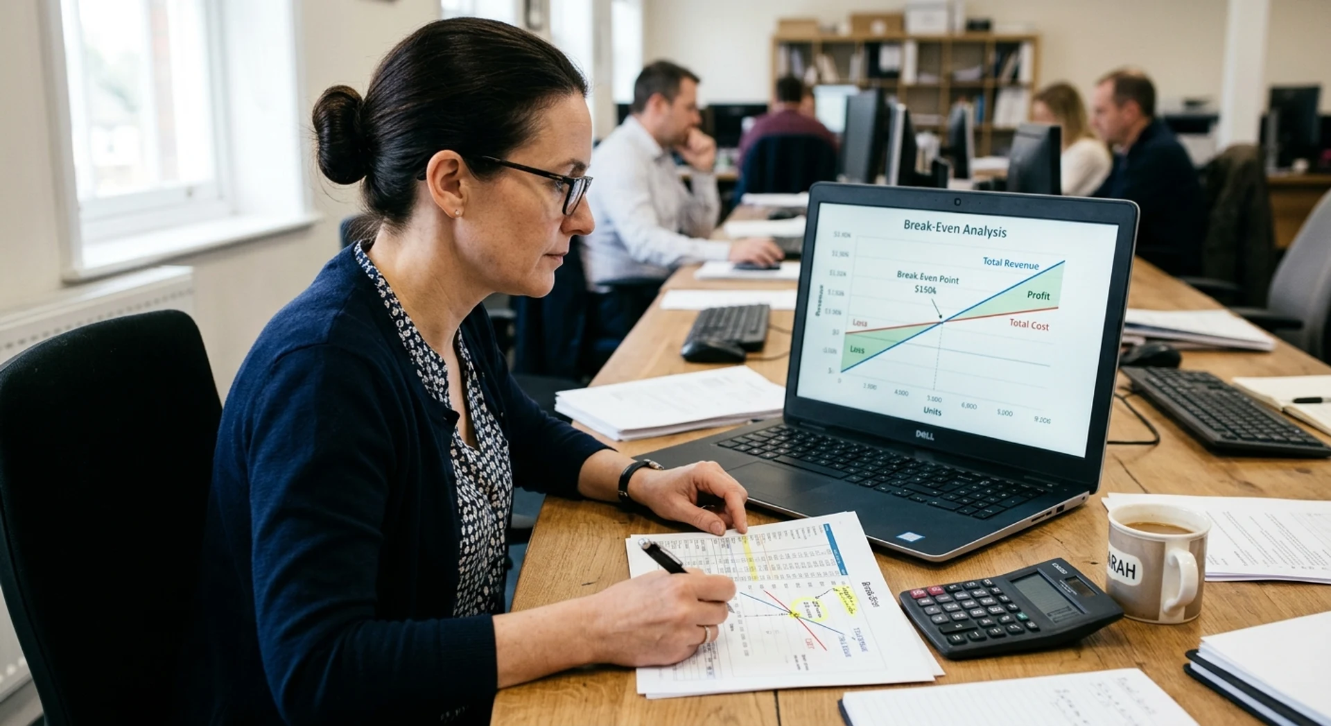 Ponto de equilíbrio contábil: conceito, fórmula e interpretação Fotografia editorial ultra-realista de analista financeiro trabalhando com gráficos de ponto de equilíbrio no laptop, planilhas impressas e calculadora sobre mesa de madeira, capturada com Canon EOS R5 em luz natural.