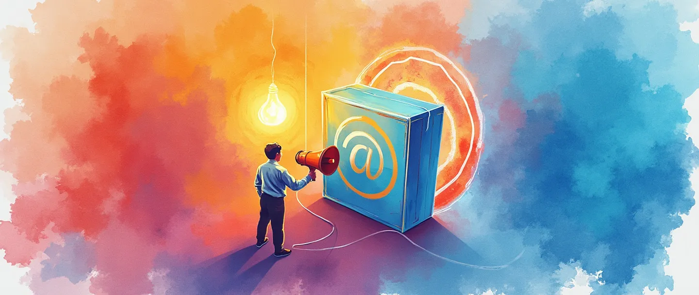 Uma pintura digital em aquarela de uma caixa de produto com um logotipo de marca brilhante, cercada por pinceladas coloridas formando um alvo. Uma pequena lâmpada paira acima, iluminando a cena. Um aperto de mão conecta o produto a um megafone, simbolizando a comunicação da marca. Composição simples com cores vibrantes.