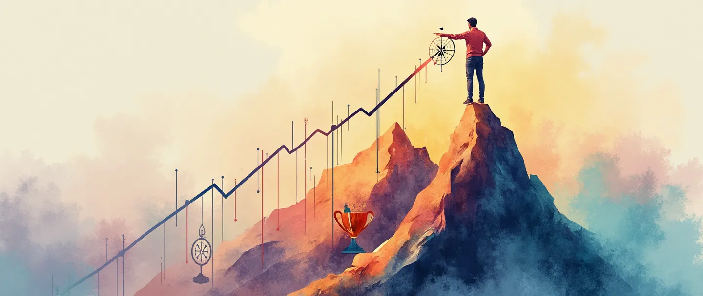 Uma pintura digital em aquarela de uma pessoa em pé no topo de uma montanha, segurando uma bússola em uma mão e apontando para um alvo com a outra. Abaixo, um gráfico simples ascendente mostra progresso. Um pequeno troféu está no pico, com um relógio sutilmente integrado na encosta da montanha. Paleta de cores vibrante, porém minimalista, composição clara, tema de jornada de liderança.