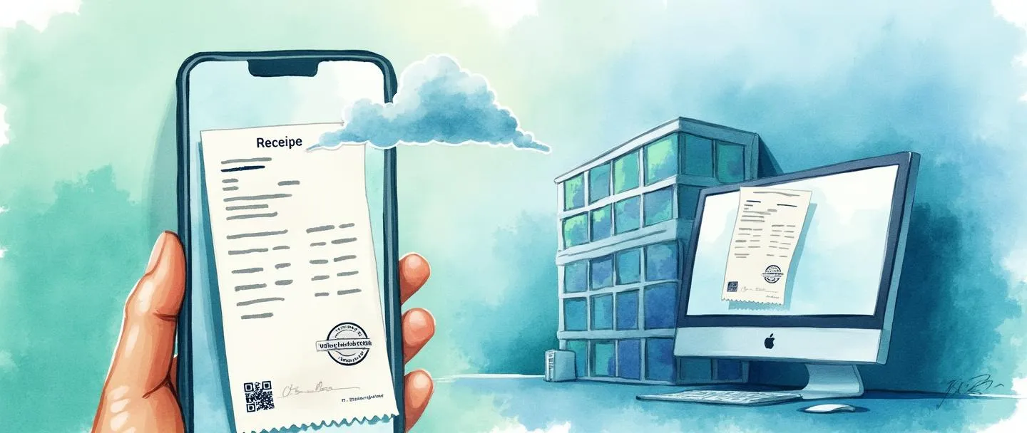 Uma pintura digital em aquarela de um smartphone exibindo um recibo eletrônico com uma assinatura digital e carimbo oficial. Uma pequena nuvem acima conecta-se a um computador com o mesmo documento, enquanto um edifício de escritórios simplificado aparece ao fundo. Estilo limpo e minimalista com tons de azul e verde transmitindo segurança digital e documentação oficial.