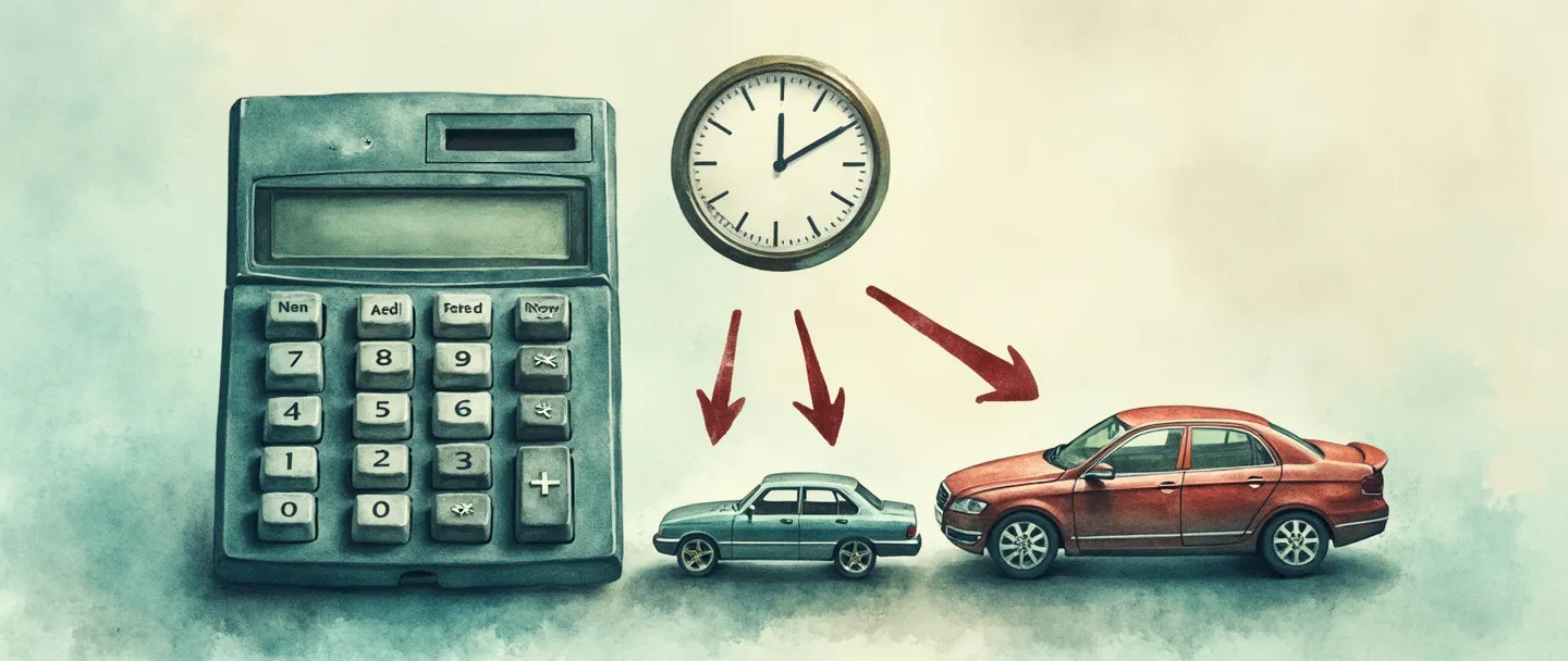 Uma pintura digital em aquarela de uma calculadora antiga com setas de depreciação apontando para baixo, de um carro novo para um carro envelhecido. Um relógio sobrepõe a cena mostrando a passagem do tempo, com moedas diminuindo de tamanho enquanto circulam ao redor. Composição simples com tons desbotados de azul e verde, transmitindo o conceito de depreciação acumulada.
