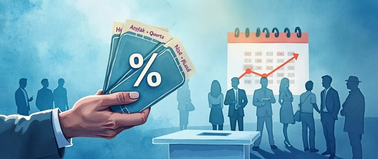 Uma pintura digital em aquarela de uma mão segurando ingressos de eventos com um símbolo de porcentagem pairando acima. Ao fundo, um simples pódio com silhuetas de pessoas fazendo networking. Um calendário mostra datas marcadas com indicadores de cota. Composição limpa, tons profissionais de azul, transmitindo a alocação de participação em eventos.