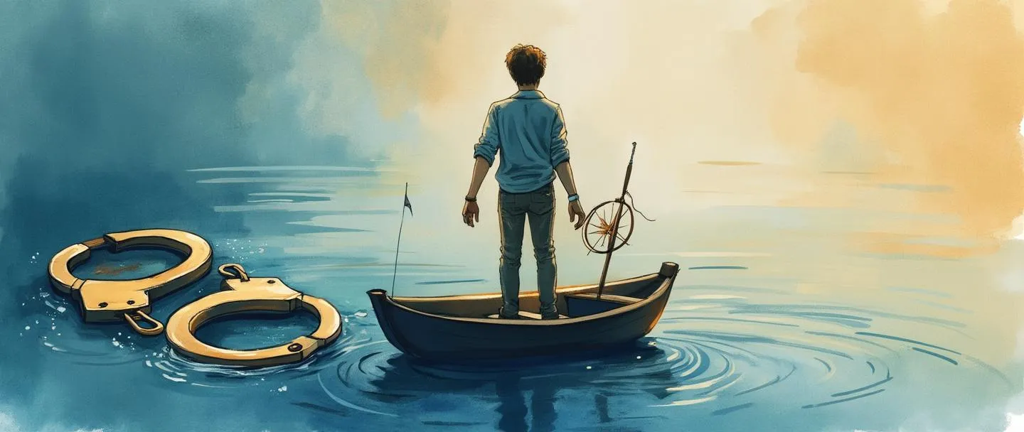 Uma pintura digital em aquarela de uma pessoa em pé confiante em um barco autodirigido, segurando uma bússola enquanto navega por águas calmas. Próximo, algemas quebradas simbolizam a liberdade das restrições. O barco tem seu próprio leme e vela, representando autogovernança. Composição simples com tons suaves de azul e dourado inspirador.