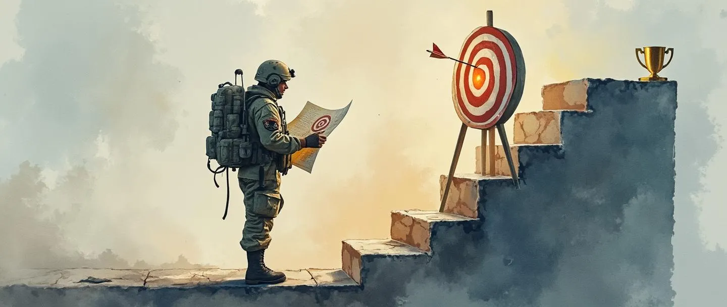 Uma pintura digital em aquarela de um soldado examinando um mapa tático com uma bússola, enquanto sobe uma escada de desempenho. Um alvo com uma flecha no centro está próximo, com um pequeno troféu brilhando em cima. Composição simples, cores militares suaves, atmosfera profissional.