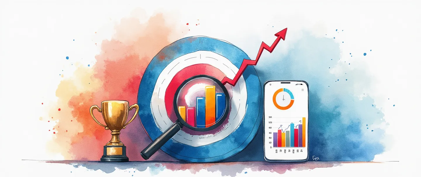 Uma pintura digital em aquarela de um alvo com um centro contendo um gráfico de barras com tendência ascendente. Uma lupa paira sobre o gráfico, revelando métricas-chave. Um pequeno troféu está ao lado do alvo, enquanto um smartphone exibe análises coloridas. Composição simples com azuis e vermelhos vibrantes contra um fundo branco limpo.
