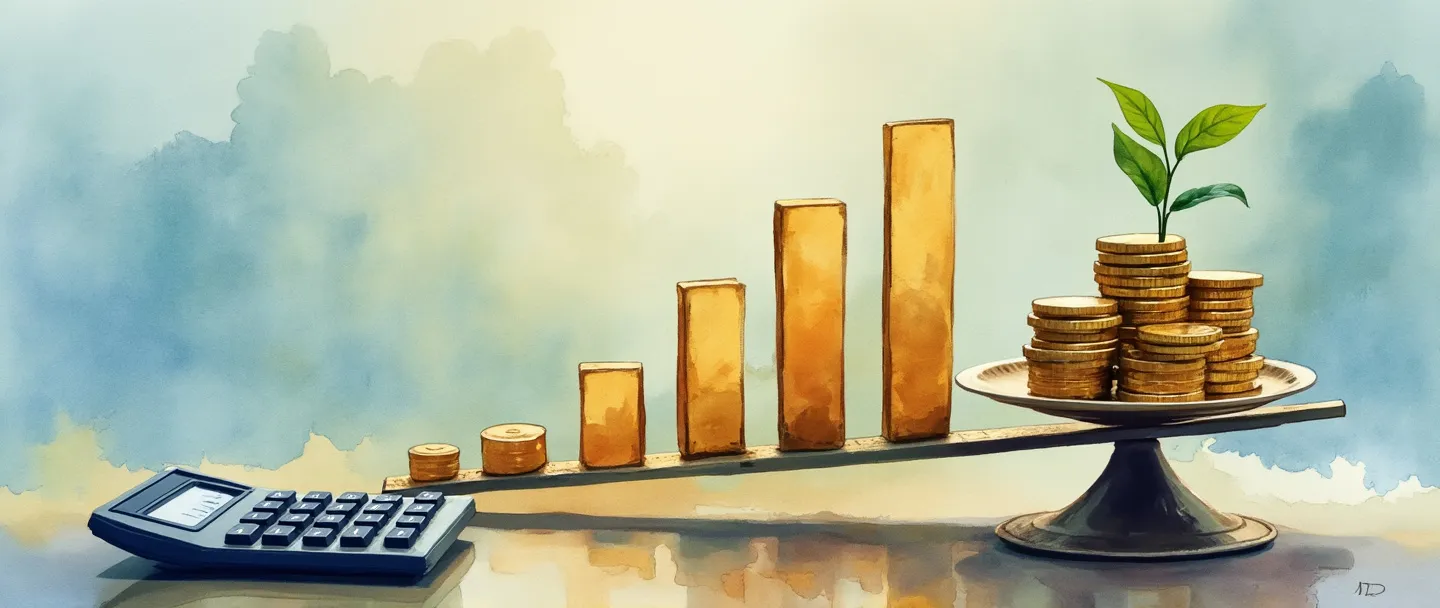 Uma pintura digital em aquarela de uma balança pesando moedas de ouro contra um gráfico de barras em ascensão. Uma calculadora está próxima enquanto uma pequena planta cresce de uma moeda, simbolizando o retorno sobre ativos. Composição simples com tons dourados quentes contra um fundo azul suave, transmitindo crescimento financeiro e mensuração.