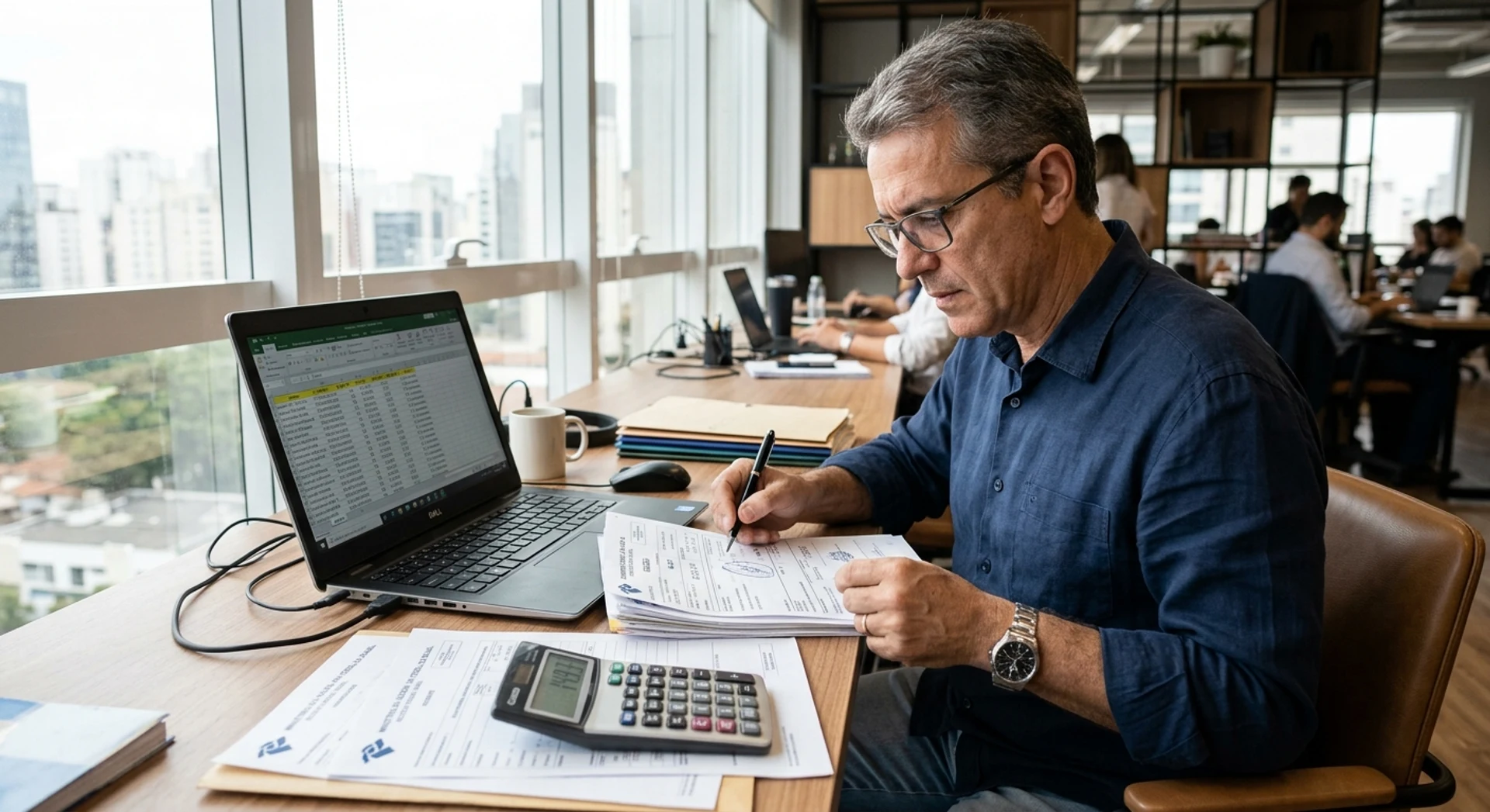 Substituição Tributária: conceito, categorias e como aplicar corretamente Contador brasileiro analisando documentos fiscais e notas fiscais em escritório moderno com calculadora e planilhas no computador, fotografia editorial profissional em alta resolução com luz natural.
