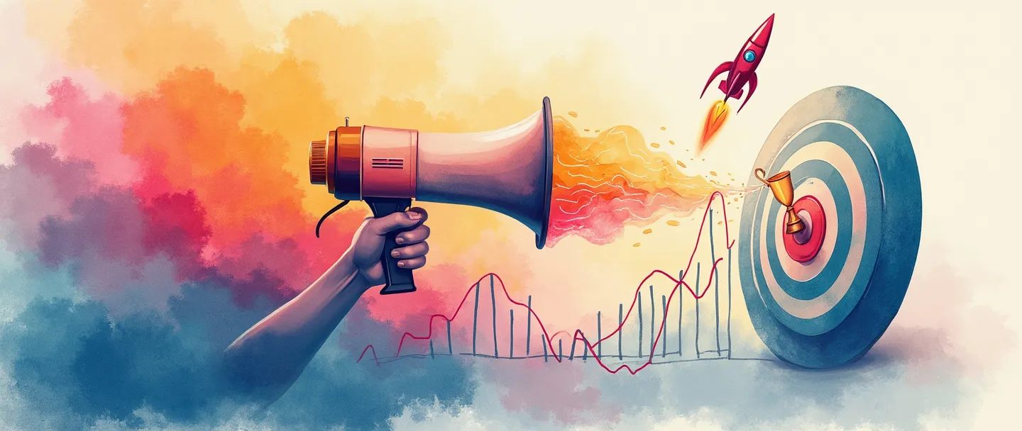 Uma pintura digital em aquarela de uma mão segurando um megafone com ondas coloridas emanando dele, alcançando um alvo com um troféu em seu centro. Um pequeno foguete sobe ao lado de uma linha de gráfico ascendente. Composição simples com cores vibrantes transmitindo qualidade e sucesso de campanha.