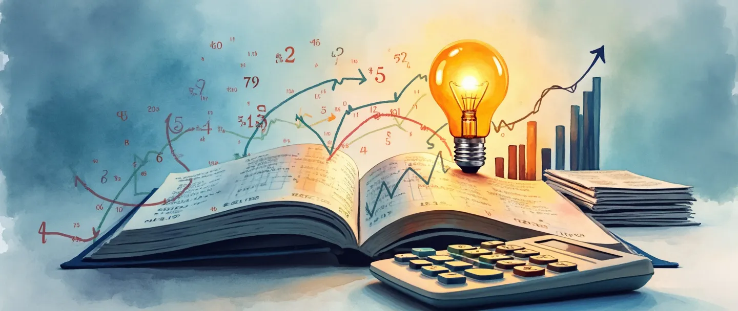 Uma pintura digital em aquarela de um livro contábil aberto com números e gráficos fluindo de suas páginas, conectando-se a uma calculadora e uma pequena pilha de papéis organizados. Uma lâmpada brilha suavemente acima, iluminando um gráfico de barras simples com tendência ascendente. Cores quentes e profissionais com linhas limpas.