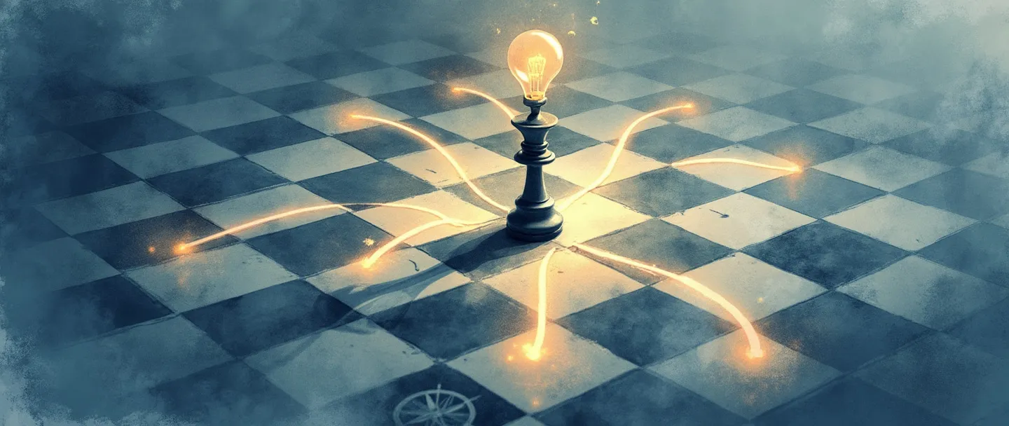 Uma pintura digital em aquarela de um rei de xadrez estrategicamente posicionado no centro de um tabuleiro de xadrez simplificado, com caminhos brilhantes se ramificando como uma árvore de decisão. Uma pequena rosa dos ventos em um canto e uma lâmpada flutuando acima do rei. Composição elegante e pensativa com tons sutis de azul e dourado.