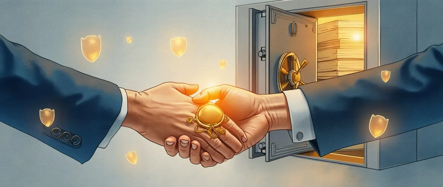 Uma pintura digital em aquarela de duas mãos trocando um contrato com um selo dourado, cercadas por escudos flutuantes que brilham com proteção sutil. Atrás delas está um simples edifício de escritórios com uma porta de cofre transparente revelando pilhas de documentos. Pinceladas elegantes, tema de segurança corporativa, atmosfera profissional.