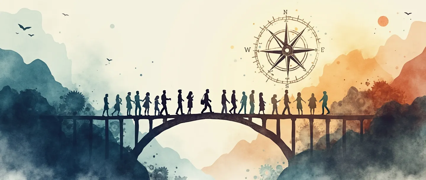 Uma pintura digital em aquarela de uma bússola guiando um grupo de silhuetas diversas através de uma ponte que se transforma de rígida para flexível. A ponte se estende entre duas montanhas, com engrenagens se adaptando e mudando sob ela. Composição simples com cores fluidas, enfatizando mudança e adaptabilidade na liderança.
