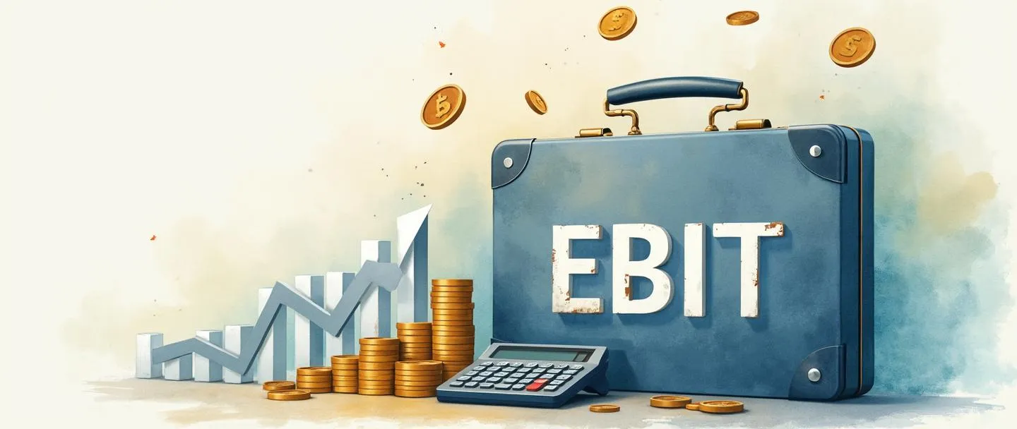 Uma pintura digital em aquarela de uma pasta executiva simples com "EBIT" escrito em letras negritadas nela, rodeada por moedas flutuantes e um gráfico de barras minimalista com tendência ascendente. Uma pequena calculadora está ao lado da pasta. Composição limpa com tons suaves de azul e dourado.