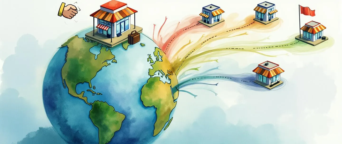 Uma pintura digital em aquarela de um globo com pequenas fachadas de franquias aparecendo ao redor de sua superfície. De um edifício central, setas coloridas se espalham para fora conectando-se às localizações internacionais. Um símbolo de aperto de mão flutua acima, com uma pequena bandeira e uma pasta de documentos próximas. Composição simples com azuis e verdes vibrantes, tema de expansão de negócios.