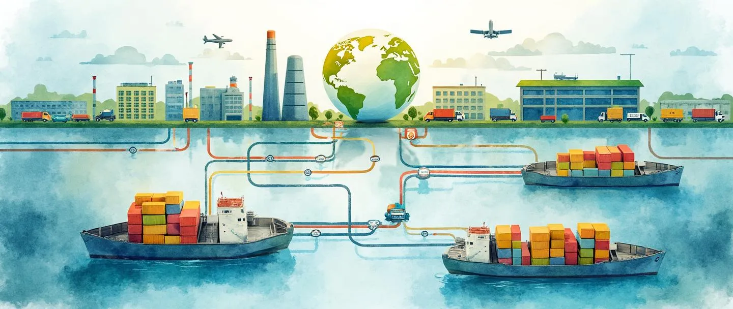 Uma pintura digital em aquarela de fábricas e armazéns interconectados, ligados por linhas de suprimento fluidas que se assemelham a rios. Navios de carga, caminhões e aviões se movem ao longo desses caminhos, transportando caixas coloridas entre os edifícios. Um globo aparece no fundo mostrando conexões globais. Composição simples com vibrantes tons de azul e verde, transmitindo o conceito de redes de cadeia de suprimentos.