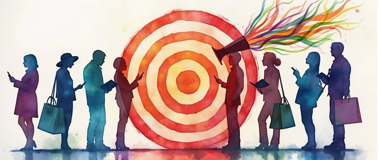 Uma pintura digital em aquarela de silhuetas diversas posicionadas dentro de um alvo, cada uma segurando objetos diferentes como smartphones, livros e sacolas de compras. Um megafone direciona ondas sonoras coloridas em direção ao grupo-alvo. Composição simples com cores vibrantes destacando o conceito de direcionamento específico de público.