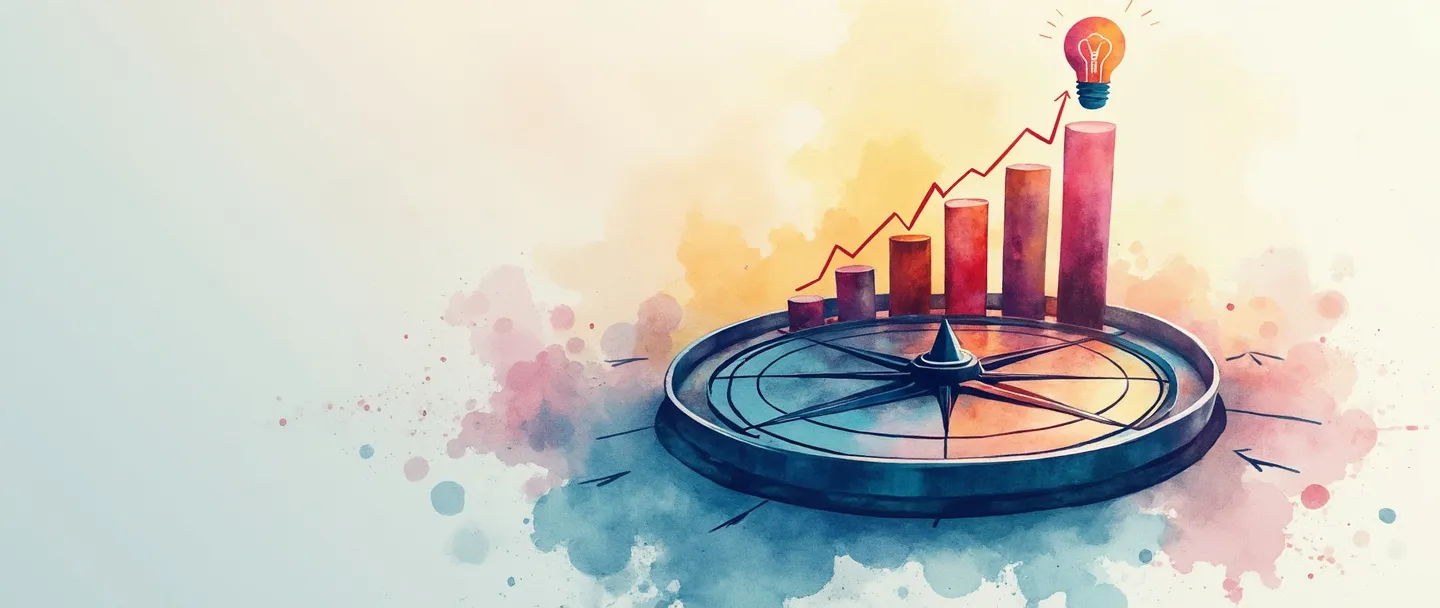 Uma pintura digital em aquarela de uma bússola apontando para um gráfico de barras ascendente, com um pequeno alvo e uma lâmpada flutuando acima. Indicadores estratégicos visualizados através de elementos simples e vibrantes contra um fundo limpo. Profissional, porém criativo.