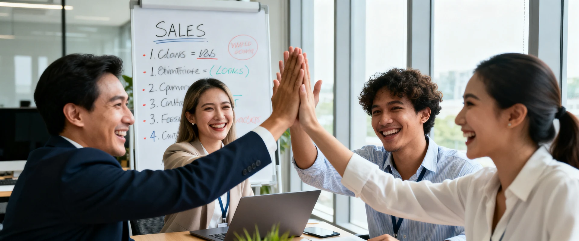 Frases motivacionais para vendas: como inspirar e impulsionar resultados Equipe de vendas diversificada celebrando sucesso em escritório moderno com sorrisos genuínos e cumprimentos, fotografia editorial ultra-realista capturando momento autêntico de trabalho em equipe e motivação profissional.