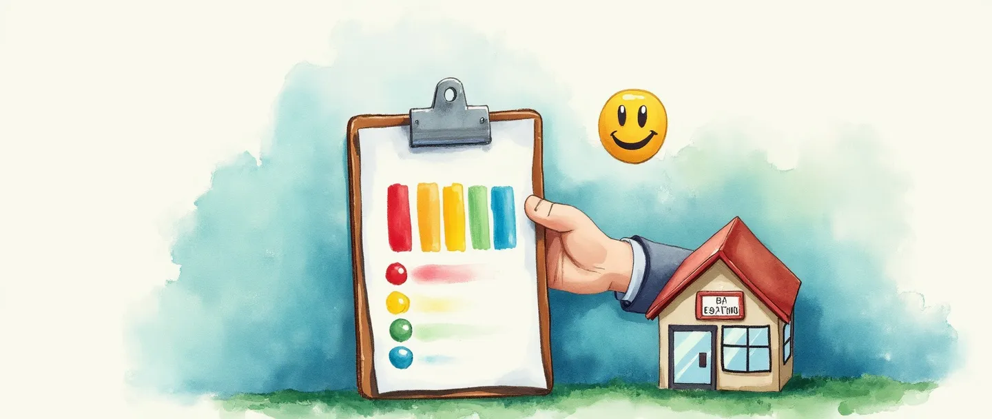Uma pintura digital em aquarela de uma prancheta com uma pesquisa de satisfação do cliente, mostrando um gráfico de barras simples com avaliações coloridas de 1 a 5. Um ícone de rosto sorridente paira sobre a avaliação mais alta, enquanto um aperto de mão conecta a prancheta a um pequeno prédio comercial. Limpo, profissional, com tons suaves de azul e verde.