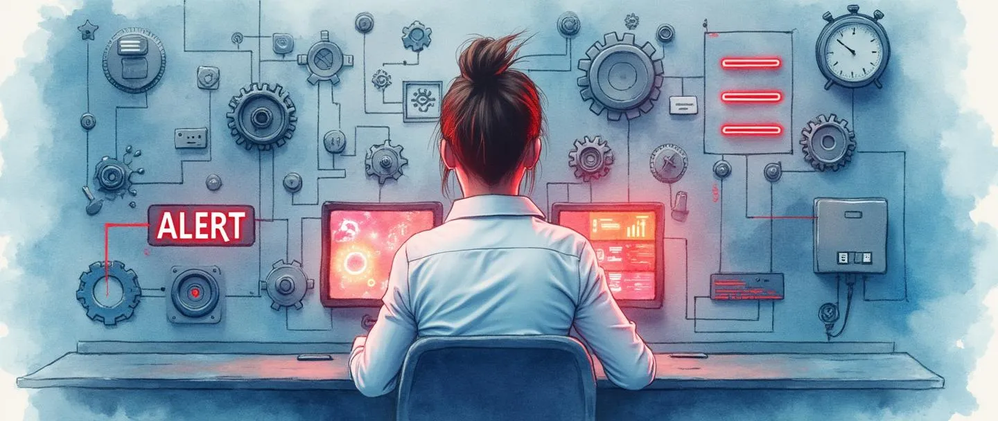 Uma pintura digital em aquarela de uma pessoa em trajes executivos gerenciando calmamente um painel de controle com alertas vermelhos piscando. Ao seu redor há engrenagens organizadas, um relógio e um fluxograma mostrando um caminho claro para resolução. Composição simples com tons azuis calmantes contrastando com vermelhos de alerta, transmitindo gerenciamento eficiente de incidentes.