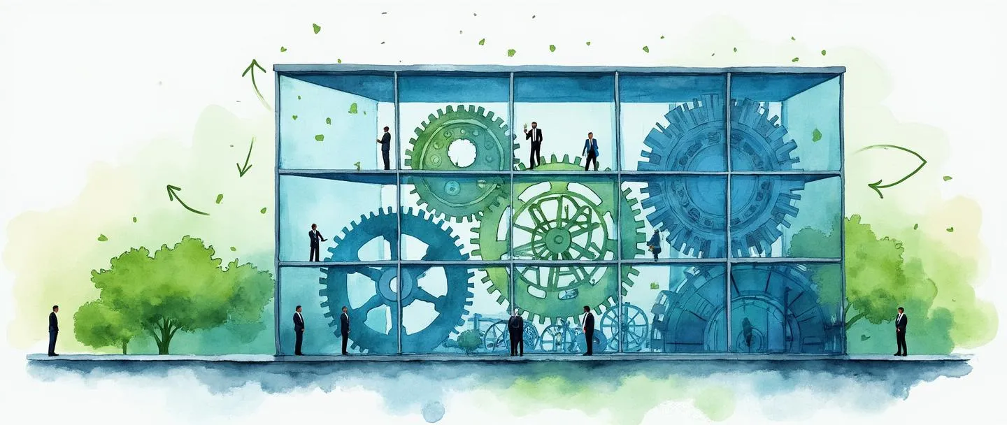 Uma pintura digital em aquarela de um edifício empresarial com engrenagens dentro de suas paredes transparentes. Funcionários de terno trabalham entre as engrenagens, enquanto setas apontam para o centro do edifício. Composição simples com tons de azul e verde, representando a gestão de recursos internos e a internalização corporativa.