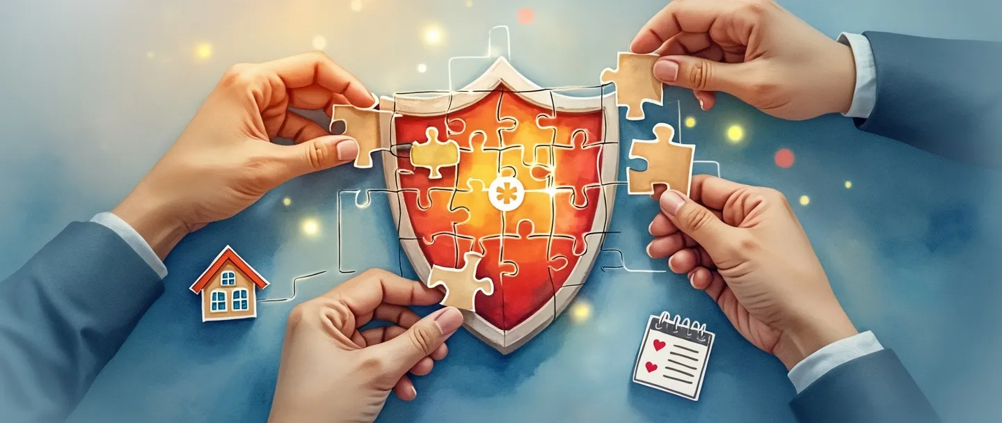 Uma pintura digital em aquarela de mãos cuidadosamente organizando peças de quebra-cabeça que formam um escudo, com um pequeno símbolo de cruz médica. Dentro do escudo, ícones simplificados de uma casa, dinheiro e um coração flutuam suavemente. Um calendário e um certificado pairam nas proximidades, conectados por um suave brilho dourado. Cores quentes e reconfortantes com um subtom azul profissional.