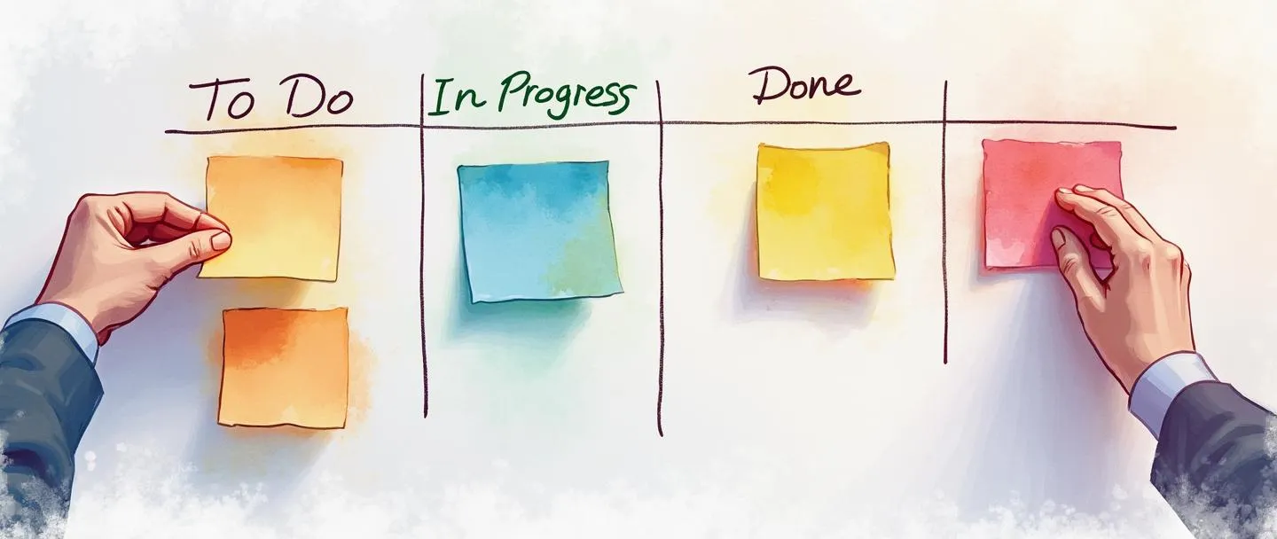 Uma pintura digital em aquarela de um quadro kanban com notas adesivas coloridas organizadas em três colunas rotuladas "A Fazer", "Em Andamento" e "Concluído". Uma mão está movendo uma nota de uma coluna para outra. Composição simples com linhas limpas e cores suaves, mostrando organização de fluxo de trabalho e gerenciamento de tarefas.