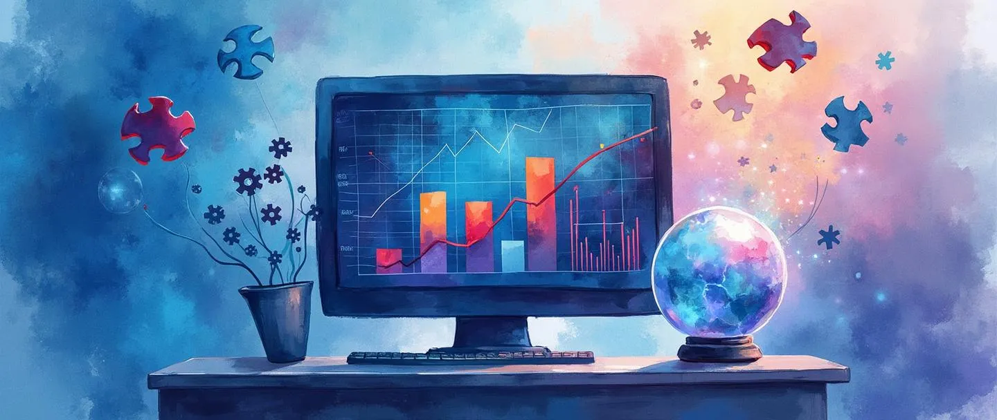 Uma pintura digital em aquarela de um computador exibindo gráficos e tabelas coloridos com uma bola de cristal mostrando previsões futuras ao lado. Engrenagens e peças de quebra-cabeça flutuam acima, conectando dados passados a insights futuros. Composição simples com vibrantes tons de azul e roxo, transmitindo inteligência analítica e previsão.