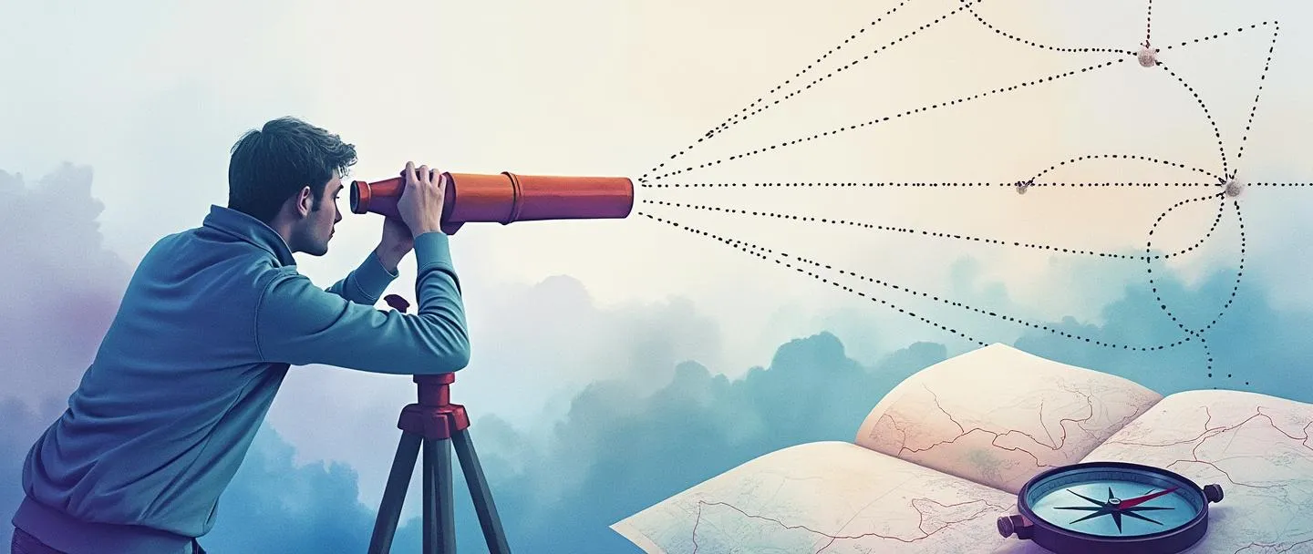 Uma pintura digital em aquarela de uma pessoa olhando através de um telescópio em direção ao horizonte onde múltiplos caminhos ramificados emergem. Próximo a ela, uma bússola e um mapa aberto com linhas pontilhadas mostrando diferentes rotas. Composição simples com tons suaves de azul e roxo, transmitindo planejamento futuro e visão estratégica.