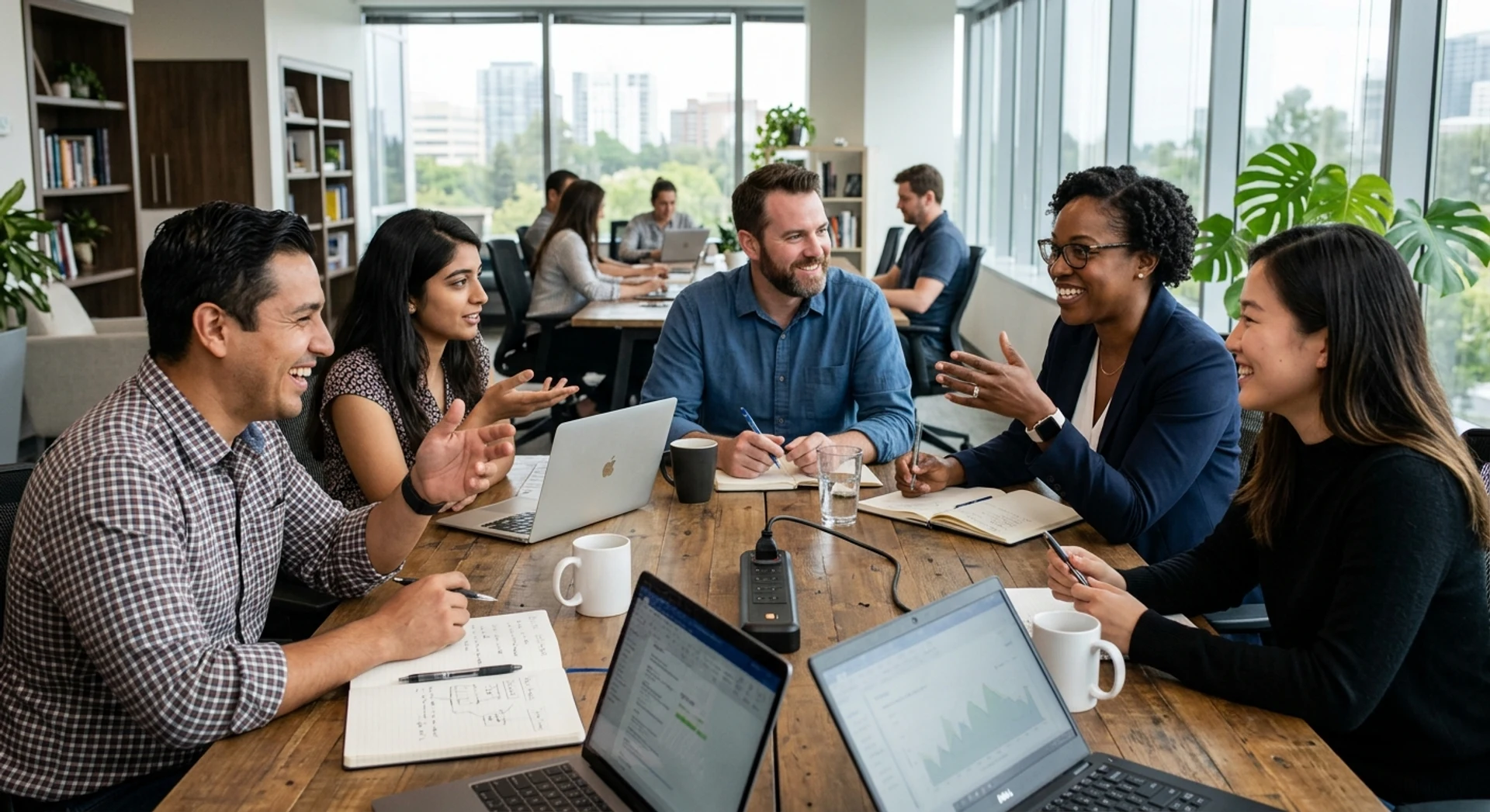 Frases sobre trabalho em equipe: 28 ideias inspiradoras para fortalecer seu time Fotografia editorial ultra-realista de equipe profissional diversa colaborando em mesa de conferência em escritório moderno, capturada com Canon EOS R5, luz natural, sorrisos genuínos e linguagem corporal engajada durante sessão de brainstorming.