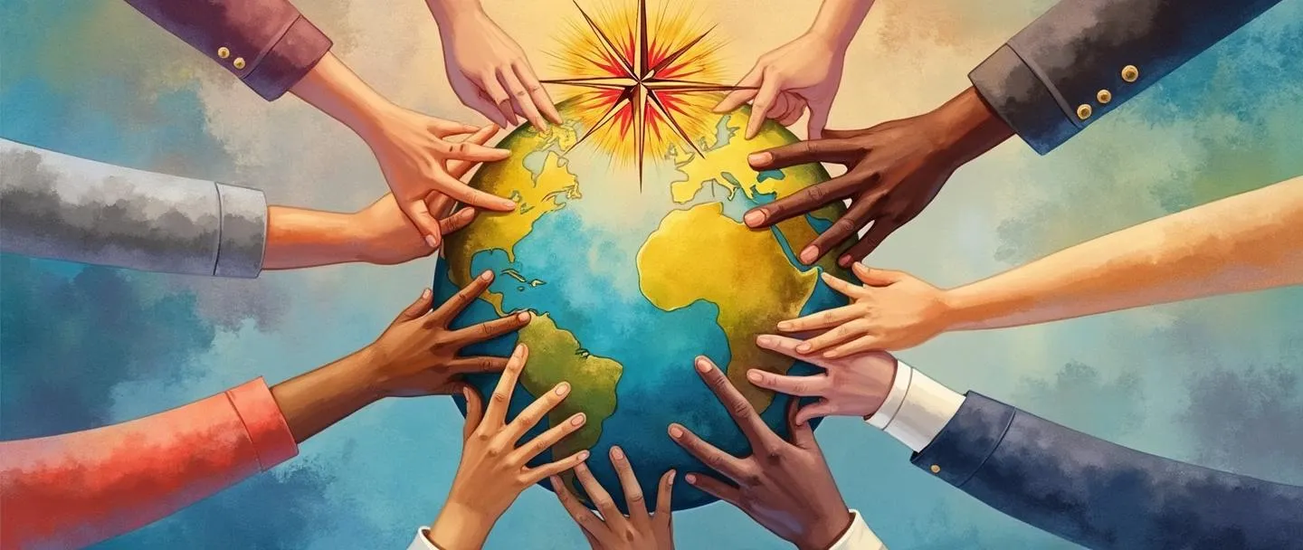 Uma pintura digital em aquarela de mãos diversas com diferentes tons de pele se unindo para segurar um globo. Acima do globo, uma rosa dos ventos irradia luz colorida. Composição simples com cores vibrantes, porém suaves, transmitindo unidade, direção e liderança global.
