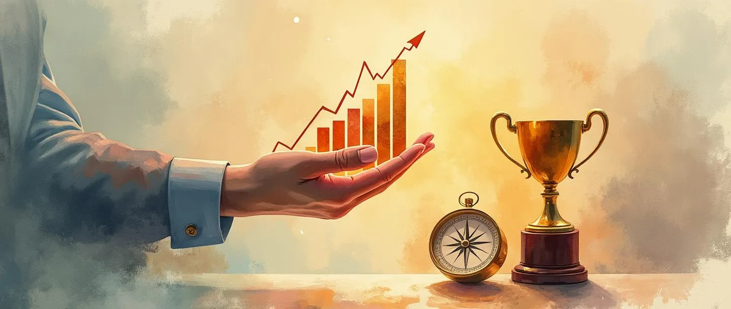 Uma pintura digital em aquarela de uma mão segurando um elegante portfólio com gráficos de ações fluindo para fora dele. Uma bússola aponta para um troféu dourado próximo, enquanto um gráfico de barras simples sobe para cima. Cores quentes, estilo minimalista, tema de sabedoria financeira.