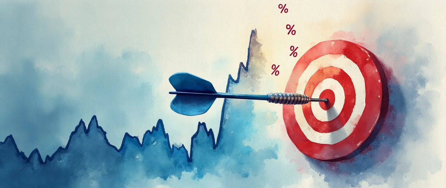 Uma pintura digital em aquarela de um dardo penetrando no centro de um alvo, com um gráfico de mercado simples em ascensão ao fundo. Pequenos símbolos de porcentagem flutuam ao redor do dardo, mostrando números crescentes. Composição limpa com vibrantes tons de azul e vermelho, transmitindo o conceito de penetração de mercado.